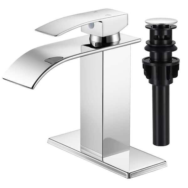 Waterfall Spout Single Handle Single Hole Bathroom Faucet with Deckplate and Pop-up Drain in Polished Chrome