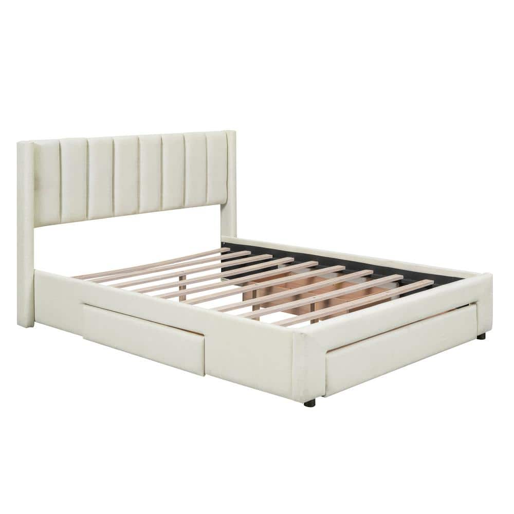 Nestfair Beige Wood Frame Full Size Upholstered Platform Bed with 3 ...