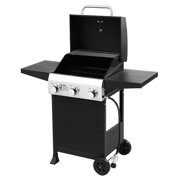 3-Burner Propane Grill In Black With Foldable Side Tables And Portable Wheels for Outdoor Cooking