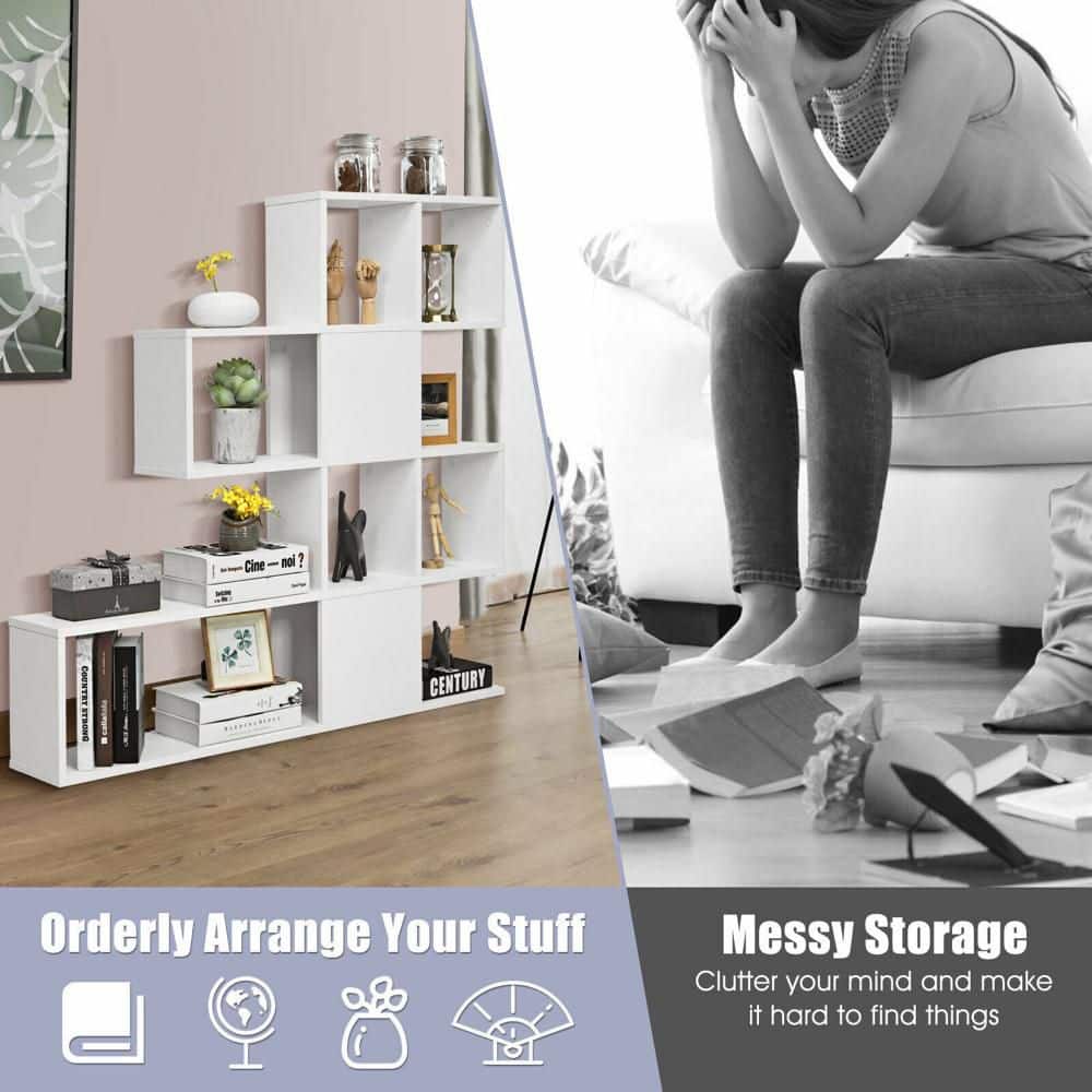 Comparison image showing the white ladder bookshelf used for organized storage versus a messy environment.