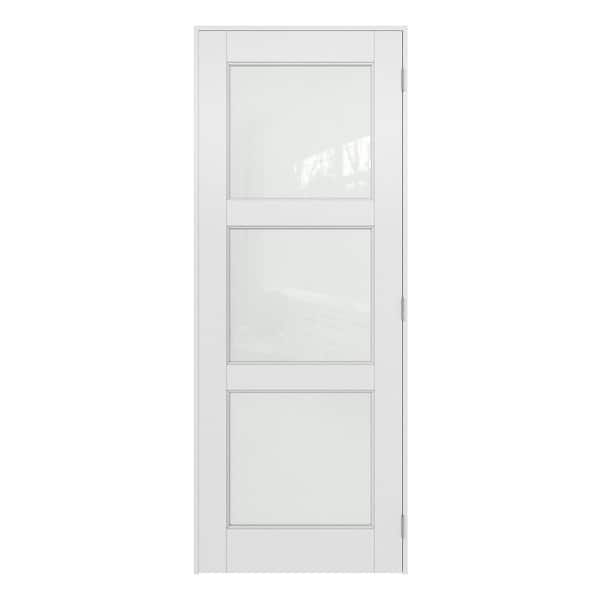 30 in. x 80 in. 3-Lite Frosted Glass Left-Hand White Solid Core Wood Interior Prehung Door Kit with Quick Assemble Jamb