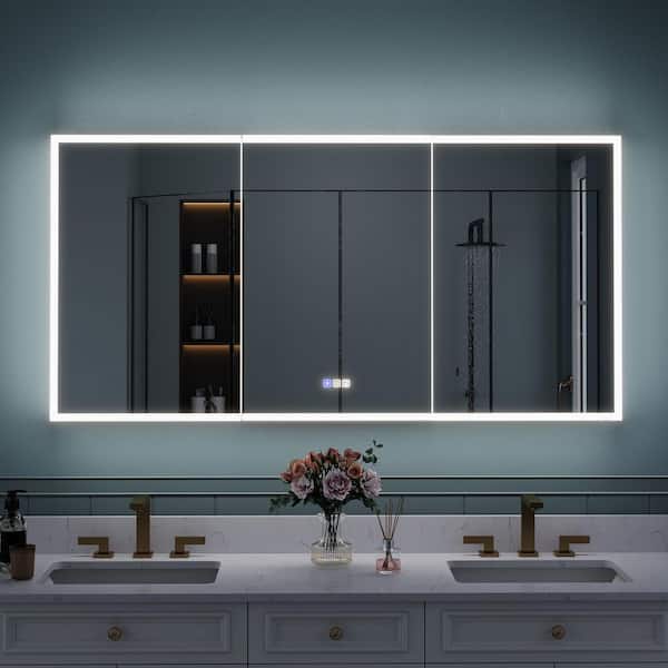 60 in. W x 30 in. H Rectangular Recessed/Surface Mount LED Medicine Cabinet with Mirror, 3x Magnifer, Electrical Outlet