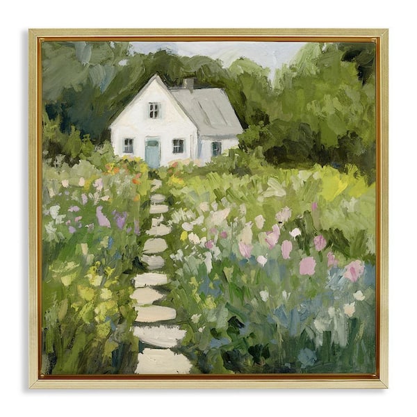 Abstract Cottage on Hill by Victoria Barnes 1 Piece Gold Floater Frame Nature Graphic Art Print 25 in. x 25 in.