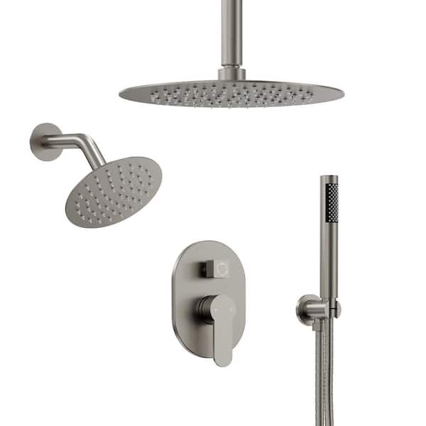 3-in-1 Dual Round Shower Heads Double Handle 3-Spray Tub and Shower Faucet 2.5 GPM in Brushed Nickel Valve Included