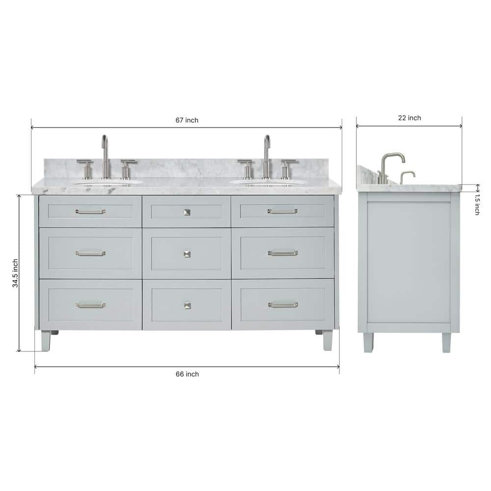 Monroe 67" Gray Wood Double Vanity with Carrara Marble Top