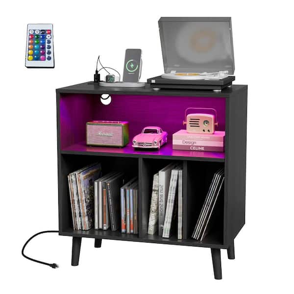Record Player Stand Black 29.53 in. H Storage Cabinet with LED Lights ＆ Charging Station