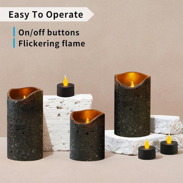 6-Pack Black Glitter Real Wax LED Candles - 3 Pillars + 3