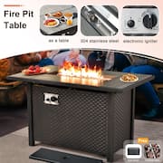 Harlotte 9-Piece Wicker Patio Rectangular Fire Pit Set with Orange Red Cushions and Swivel Rocking Chairs