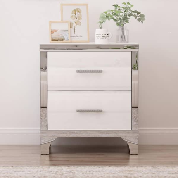 White High Gloss 2-Drawers 15.7 in. W Nightstand with Metal Handle