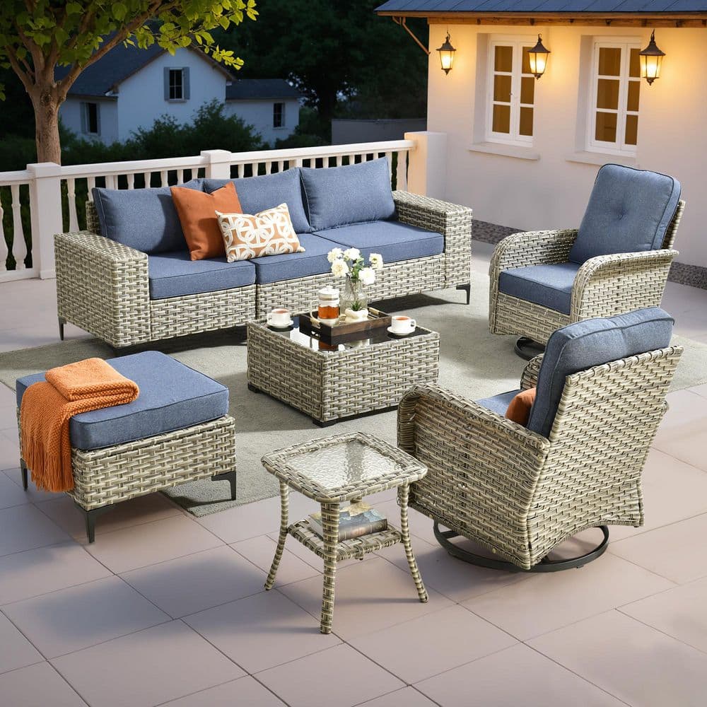 Vanessa 8-Piece Wicker Patio Conversation Seating Sofa Set with Denim Blue Cushions and Swivel Rocking Chairs price history on PriceWatchPro