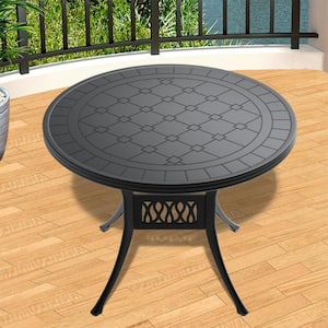 39.37 in. Black Cast Aluminum Patio Outdoor Dining Table with Carved Texture on the Tabletop