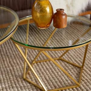 2-Piece 28 in. Gold Medium Round Glass Coffee Table Set with Nesting Tables