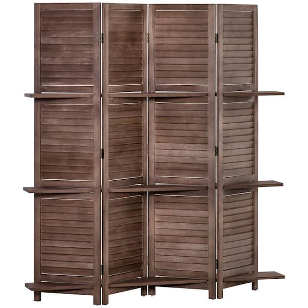 5.6 ft. Walnut Paulownia Wood Folding Privacy Screen 4-Panel Room Divider with Storage Shelves for Bedroom, Office