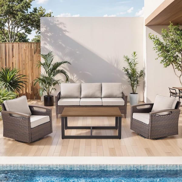 Pocassy Light Luxury Series 4 Pieces Brown Wicker Outdoor Patio Conversation set with CushionGuard Beige Cushions