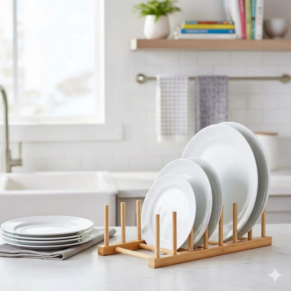 Lynzavix Natural Bamboo Vertical Dish Rack, Plate and Lid