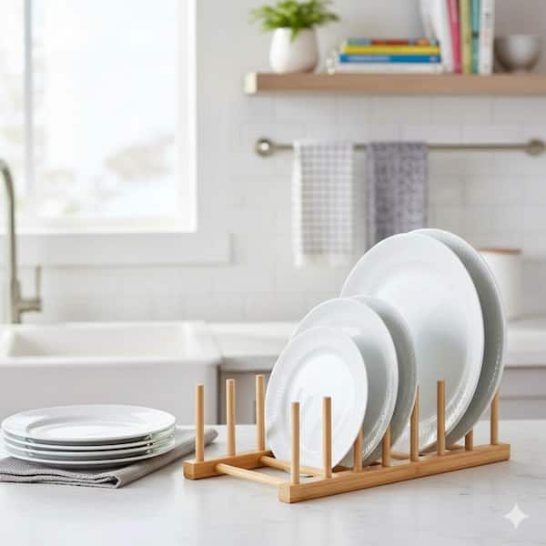 Natural Bamboo Vertical Dish Rack, Plate and Lid Organizer for Kitchen Cabinet or Countertop, Drying Stand