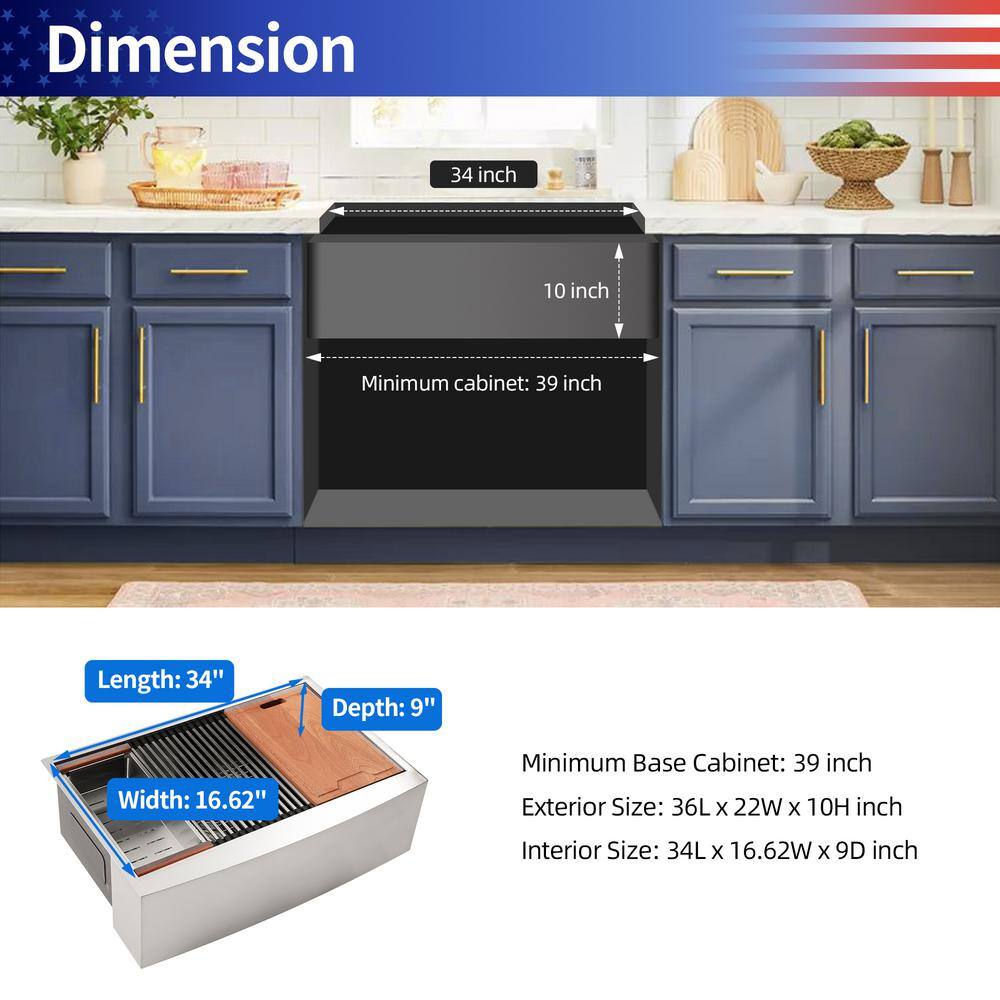 36'' Brushed Nickel Stainless Steel Farmhouse Workstation Sink