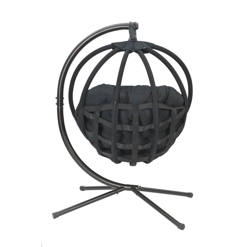 Black Steel Hanging Ball Chair with Plush Cushions