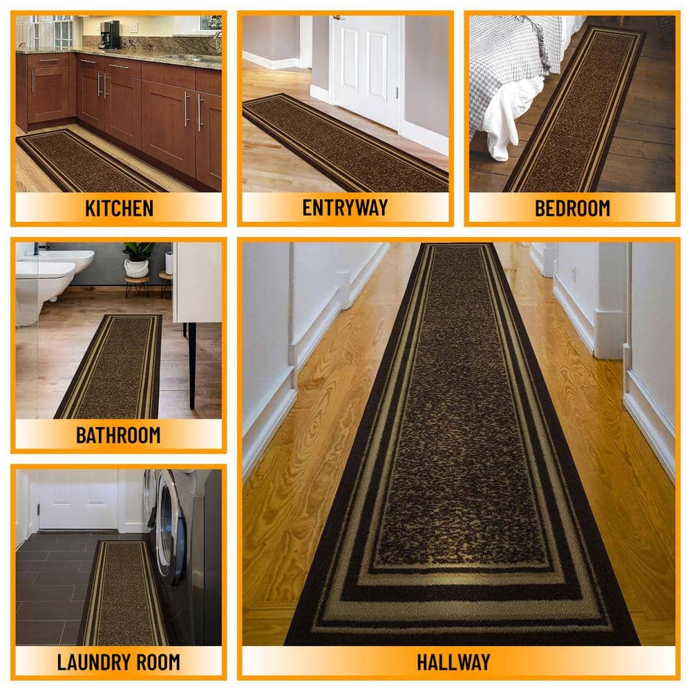 Brown and Beige Bordered Runner Rug with Non-Slip Backing