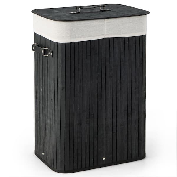 Black 12 in. x 24 in. Rectangle Bamboo Clothes Decorative Basket with Handles and Lid (Set of 1)
