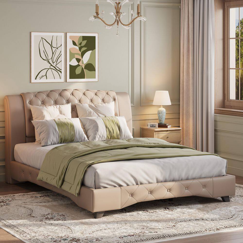 CHRISTOPHER KNIGHT HOME Arvenor French Brown Wood Frame Queen Platform Bed  with Button Tufted PU Faux Leather Upholstered Tall Headboard 165366 - The  ..., image size:1000x1000