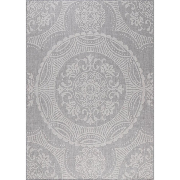 Beverly Rug Waikiki Grey/White 8 ft. x 10 ft. Medallion Indoor/Outdoor Area Rug