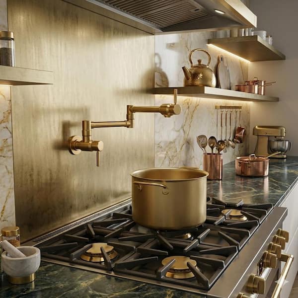 Wall Mounted Pot Filler with Double Handle in Polished Gold