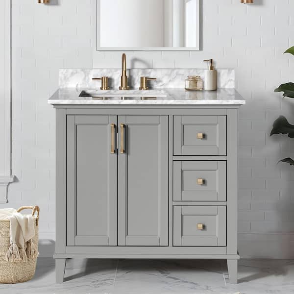 Grayson 37 in. Single Sink Gray Bath Vanity with White Marble Top (Assembled)