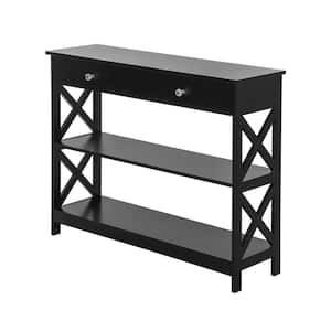 39.4 in. W x 31.5 in. H Black Color Rectangle Manufactured Wood Console Table with Long Drawer and Shelves