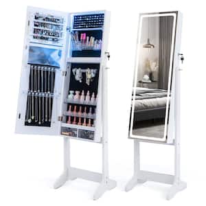 White Wood LED Mirror Jewelry Cabinet Organizer 16 in. Jewelry Armoire Standing with Built-in 3 Color Light