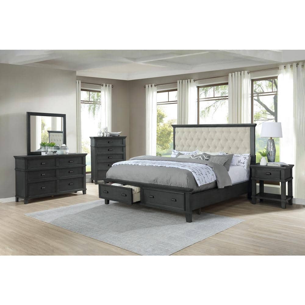 Espresso Queen Platform Bed with Beige Tufted Headboard and Storage