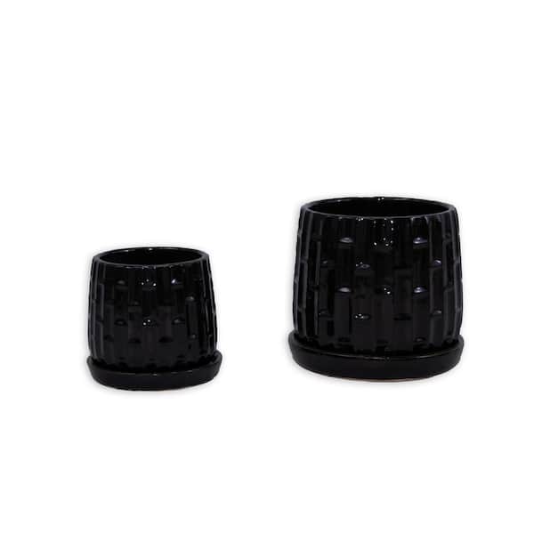 Chloe 5.31 in. and 7.09 in. Tall Black Round Ceramic Patio Outdoor Planter Set (2-Pack)