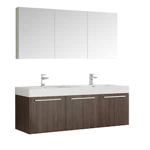 Vista 59 in. Vanity in Walnut with Acrylic Vanity Top in White with White Basins and Mirrored Medicine Cabinet
