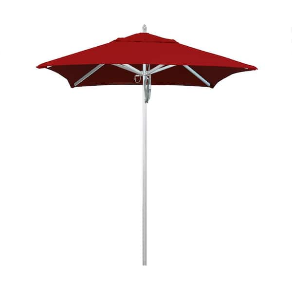 California Umbrella 6 ft. Silver Aluminum Commercial Market Patio Umbrella with Pulley Lift in Red Sunbrella
