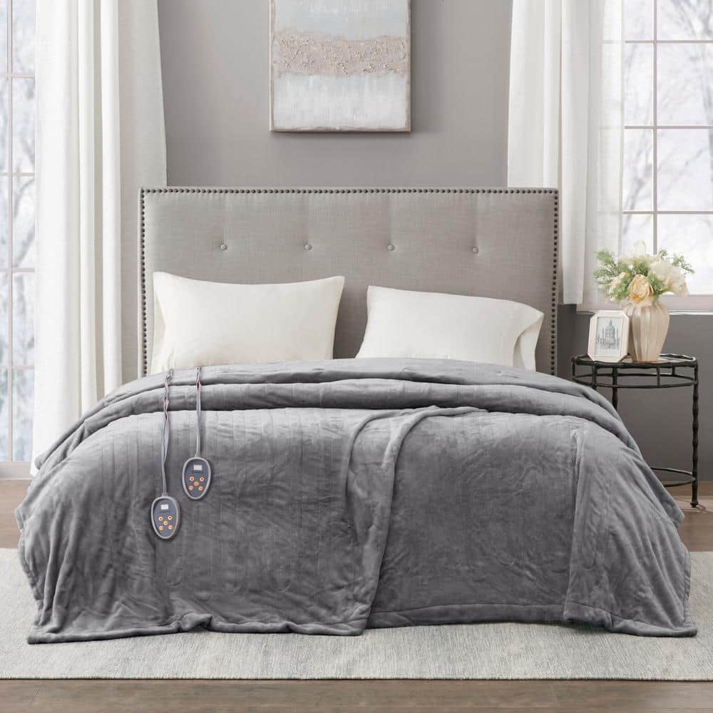 Twin Gray Plush Electric Heated Blanket with Controllers