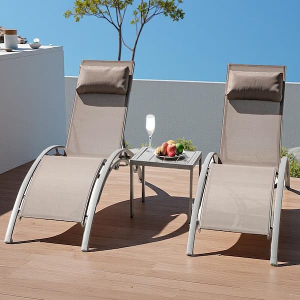 Adjustable Pool Lounge Chair Aluminum Outdoor Lounge Chairs with Metal Side Table All Weather in Khaki Set of 3