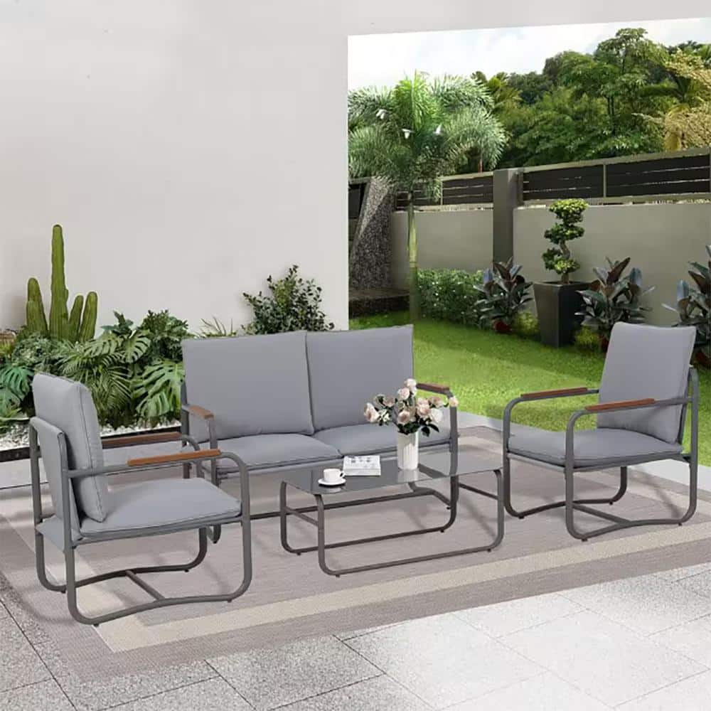4-Pieces Outdoor Deep Seating Conversation Sofa Set, Patio Metal Furniture 