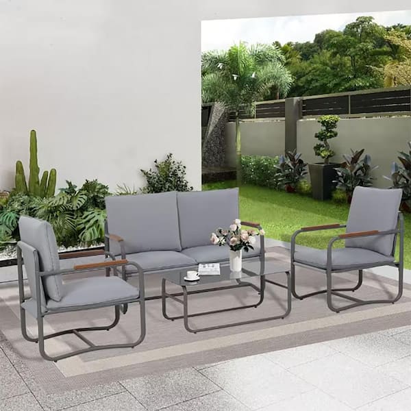 Unbranded 4-Pieces Outdoor Deep Seating Conversation Sofa Set, Patio Metal Furniture with Light Gray Cushions
