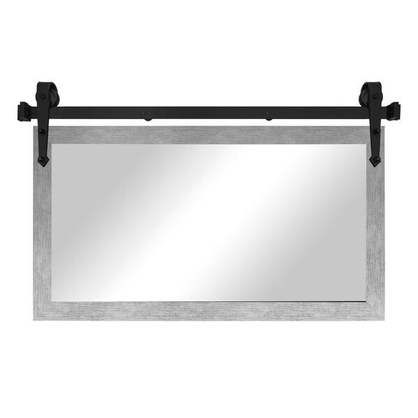 (54 in. W x 33 in. H) Brushed Silver Modern Rustic Mirror with Steel Barn Door Rail