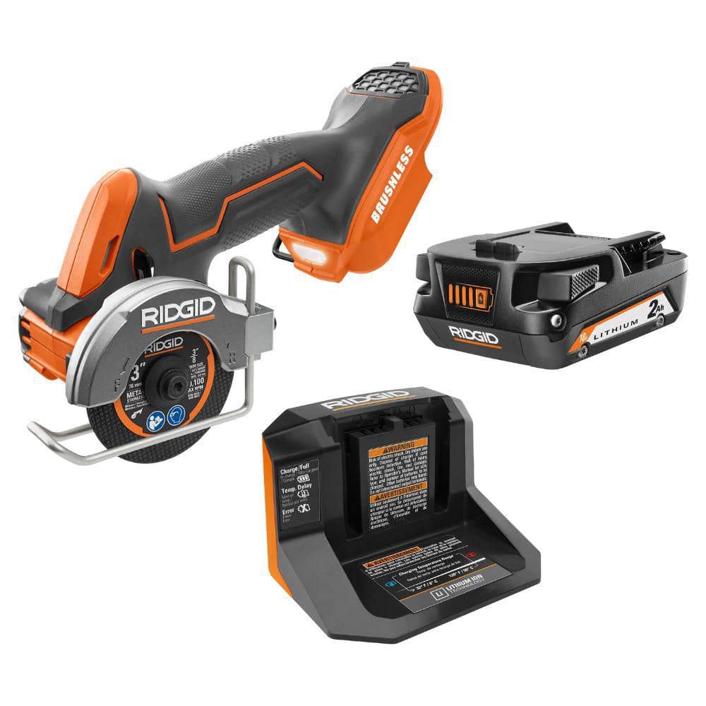 RIDGID 18V SubCompact Brushless Cordless 3 in. Multi-Material Saw Kit with (3) Cutting Wheels, 2.0 Ah Battery, and 18V Charger (R87547KN)