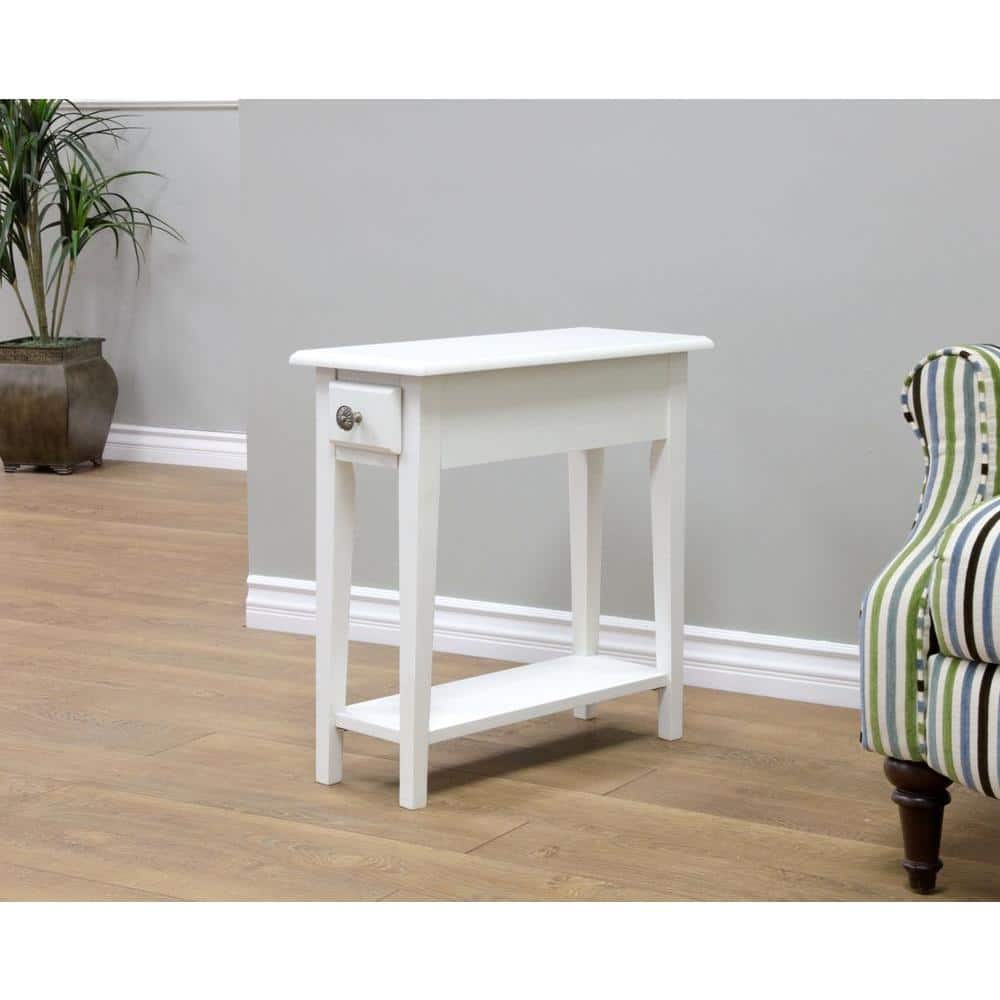 Off-White Wood Narrow Side Table with Drawer and Shelf