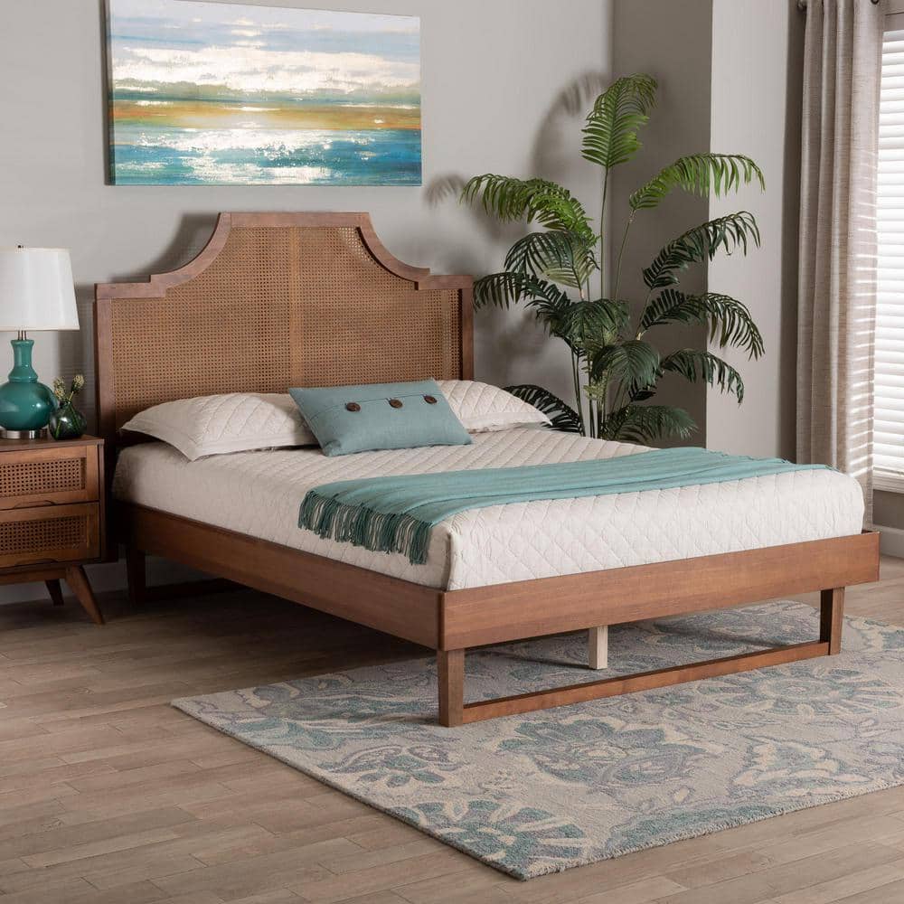 Francine Mid-Century Modern King Bed with Woven Rattan Headboard