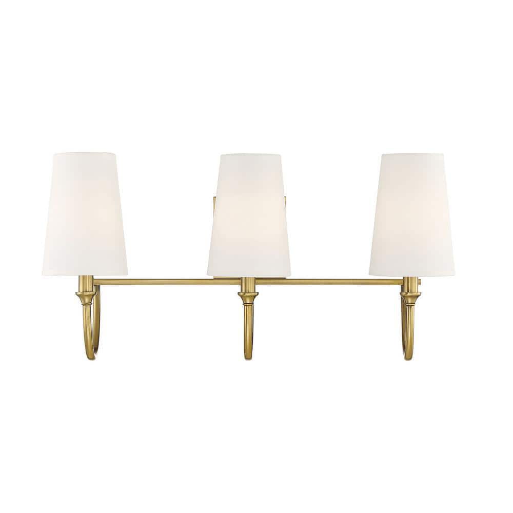 Cameron 24 in. W x 12 in. H 3-Light Warm Brass Bathroom Vanity Light with White Fabric Shades price history on PriceWatchPro