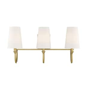 Cameron 24 in. W x 12 in. H 3-Light Warm Brass Bathroom Vanity Light with White Fabric Shades