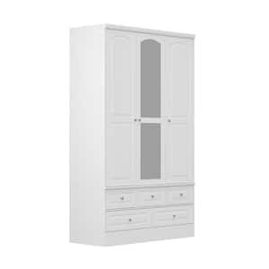 White Wood 47.8 in. W Wardrobe Armoires with Mirror, Hanging Rod, 5-Drawers, Adjustable Shelves, 78.7 in. H x 19.7 in. D