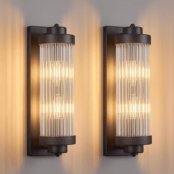Home Lighting 40-Watt 5.51 in. 2-Light Black Modern Wall Sconce with Modern Crystal Glass Strip JW-652-Black-2-Pack