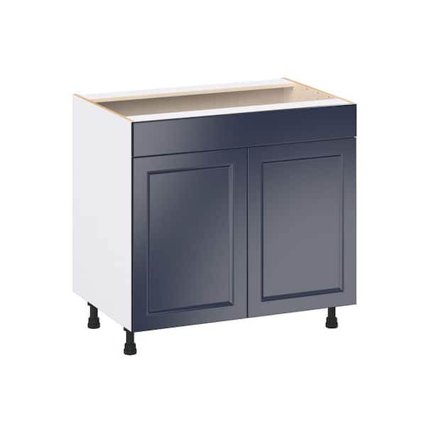 J COLLECTION Laramie 36 in. W x 24 in. D x 34.5 in. H Assembled Sink Base Kitchen Cabinet in Painted Blue with Falsefront