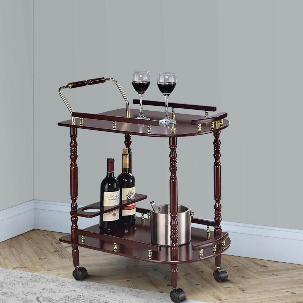 Cherry Wood 2-Tier Traditional Serving Cart with Wine Storage