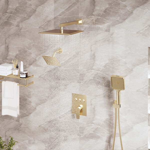 3-Spray Wall Mount Dual Fixed and Handheld Shower Head 1.8 GPM Push Button Design Shower Faucet Set in Brushed Gold
