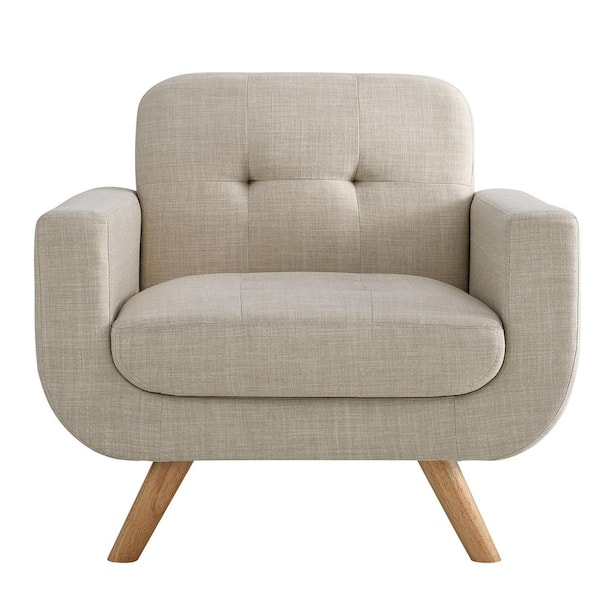 Modern Beige Button Tufted Linen Straight Arm Chair with Wooden Legs for Living Room